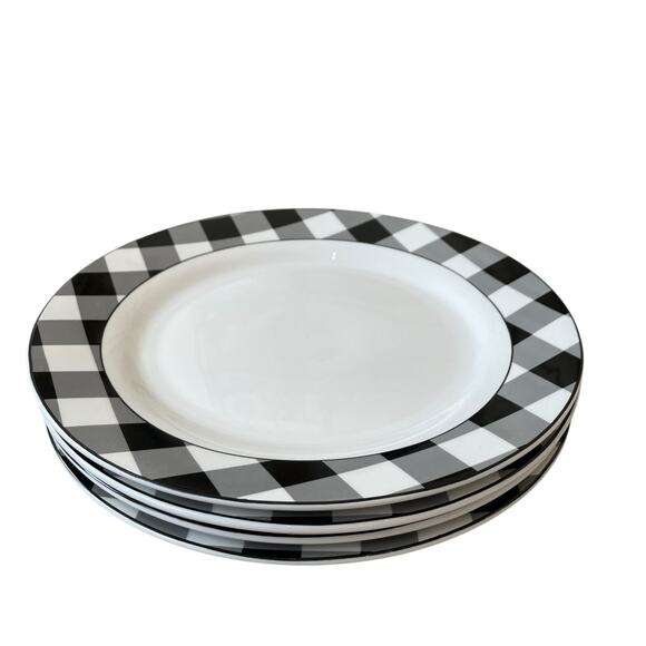 Godinger Black White Checkered Gingham Porcelain Dinner Plates 10.5" Set of 4 - Picture 5 of 13